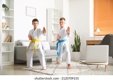 Little Boys Studying Karate Online At Home