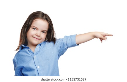 Little Brunette Girl Pointing To The Side