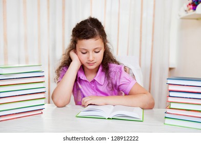 Little Brunette Reading Girl Pile Books Stock Photo 128912222 ...