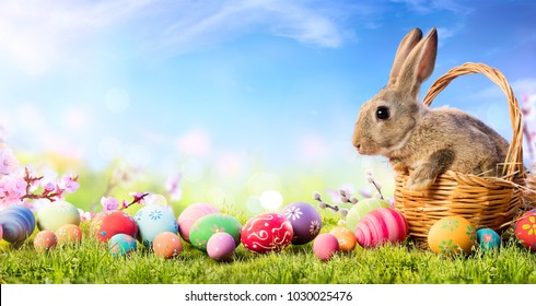Little Bunny In Basket With Decorated Eggs - Easter Card
 - Shutterstock ID 1030025476