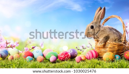 Little Bunny In Basket With Decorated Eggs - Easter Card
