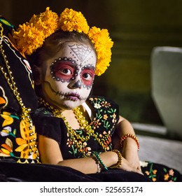 Little Calaca - Beautiful Young Mexican Girl In Day Of The Dead Makeup And Costume