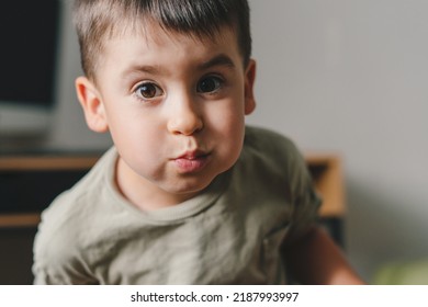 Little Caucasian Boy Smiling At The Camera With Mouth Full Of Food Snacks. Healthy Eating. Healthy Meal. Sweet Food. Happy Face.