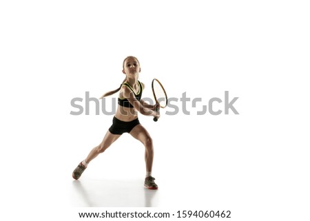 Similar – Close up side view profile portrait of one young middle age athletic woman shadow boxing in sportswear in gym over dark background, looking away