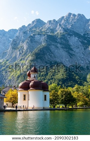 Little chapel Saint Bartholomew at Lake Koenigssee in the Bavarian Alps, Germany