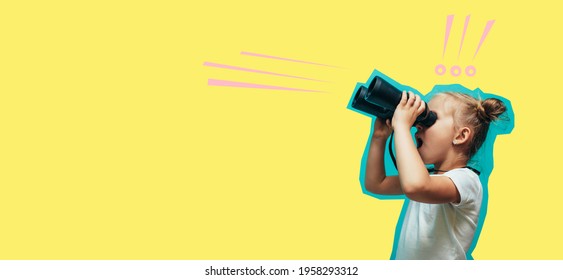 A little charismatic girl looks into binoculars. Collage in magazine style. Flyer with trendy colors, copyspace for ad. Discount, sale, season sales. Modern design, creative artwork
