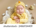 Little charming newborn girl sleeps in a chicken costume. Neutral background. Studio shot of a ten-day-old newborn baby. Beginning of life. Baby in a shell, chicken