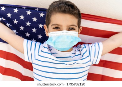 Little Child With American Flag And Face Mask