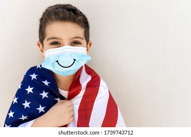 Little Child With American Flag And Face Mask