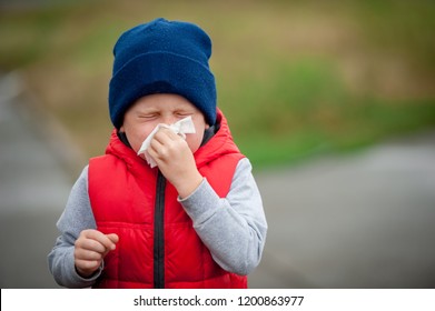 Little Child Boy Blow His Nose. Sick Child With Napkin In Autumn Park. Allergic Kid, Flu Season. Kid With Cold Rhinitis, Get Cold