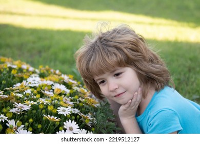 Little Child Boy Is Smelling Flowers On Green Backyard. Adorable Kid On A Summer Meadow And Smelling Flowers. Summer Fun For Family With Kids Outdoors In A Beautiful Spring Garden.