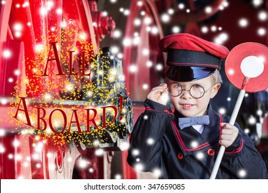 Little Child Boy In Winter As Nostalgic Railroad Conductor Beside Large Wheels Of A Steam Locomotive With Snowflakes And Text Invitation (red)/Smiling Train Conductor Boy In Winter - All Aboard