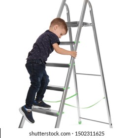 Little Child Climbing Up Ladder On White Background. Danger At Home