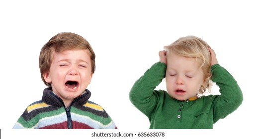 Little Child Crying And Another Covering His Ears Tired Of Hearing The Crying Isolated On White Background