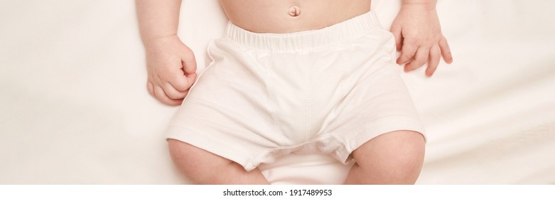 Little Child Feet. Toddler Legs. Kid Panty. Baby Person. Tiny Health Care. White Children Underware. Male Person. Boxer Mockup. Horizontal Banner