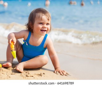 Little Child Girl Blue Swimsuit Playing Stock Photo 641698789 ...