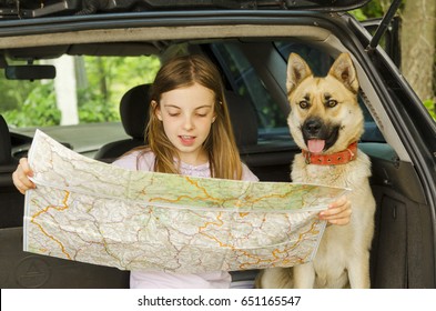 Little Child Girl And Her Dog Pet Sitting In The Car Trunk. Looking At Card Map For Travel Tour.