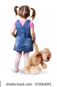 Little Child Girl With Toy Bear On White, Back View