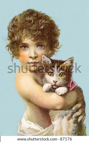Little child holding a cat - a vintage (