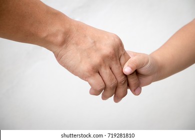 A Little Child Holding A Hand Of Grandparent To Express Love And Caring, On White Background, Family Concept.