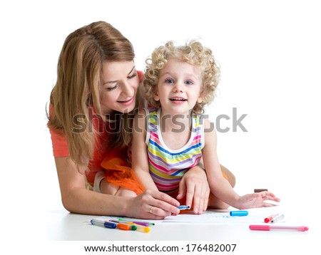 little child with mom drawing by colour pen