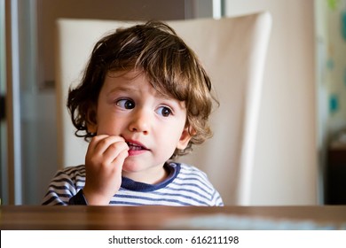 Little Child Toddler Boy In The Kitchen Eating Snack. Kid Eats Bread Indoors.