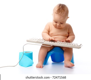 Little child is typing while sitting on potty, isolated over white
