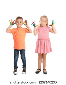 Little Children With Painted Hands On White Background