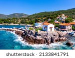 The little church of Panagia Gorgona situated on a rock in Skala Sykamias, a picturesque seaside village of Lesvos