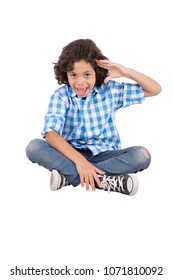 Little Crazy Boy Sitting On The Floor Crossed Legs Putting A Hand On The Forehead Greeting, Isolated On A White Background.