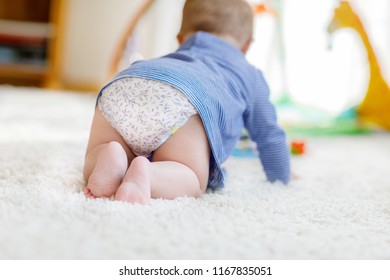 Little Cute Baby Girl Learning To Crawl. Healthy Child Crawling In Kids Room With Colorful Toys. Back View Of Baby Legs. Cute Toddler Discovering Home And Learning Different Skills.