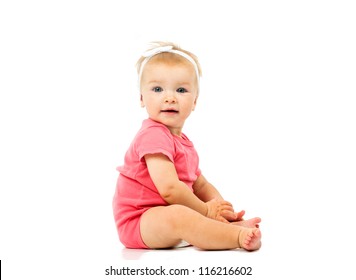 Little Cute Baby In Pink Dress Isolated