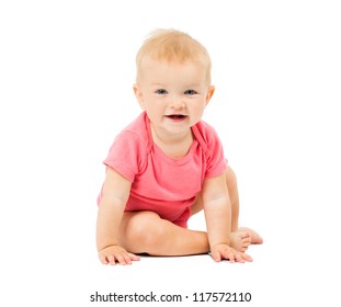 Little Cute Baby In Pink Dress Isolated