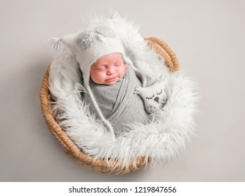 Little Cute Baby In White Knitted Beanie Covered With Gray Coverlet Sweetly Sleeping On White Soft  Blanket With Toy Owl In The Basket