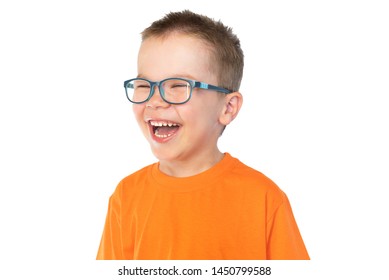 Little Cute Boy With Glasses Smiling Isolated On White Background