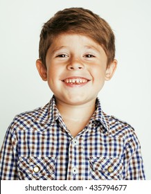 Little Cute Boy On White Background Gesture Smiling Close Up