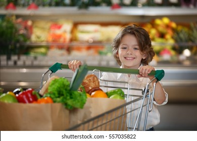 Little cute boy with shopping cart full of  fresh organic vegetables and fruits standing in grocery department of  food store or supermarket.