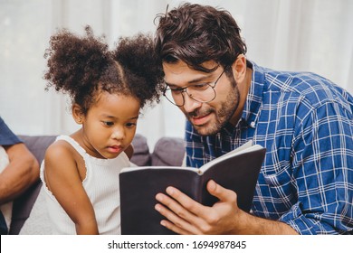 Little Cute Child Interesting The Book Love To Read And Learn Support From Dad To Smart Kid Concept.