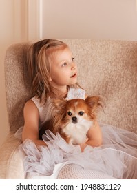 A little cute girl in a beautiful white dress holds a small dog chihuahua