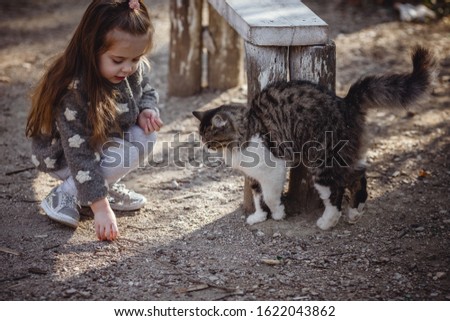 little cute girl and cat in the forest, soft warm light of the autumn forest. the idea and concept of a happy childhood and respect for animals