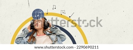 Little cute girl, child listening to music in headphones, enjoying and having fun. Contemporary art collage. Creative design. Concept of childhood, fun, education, lifestyle, game. Copy space for ad