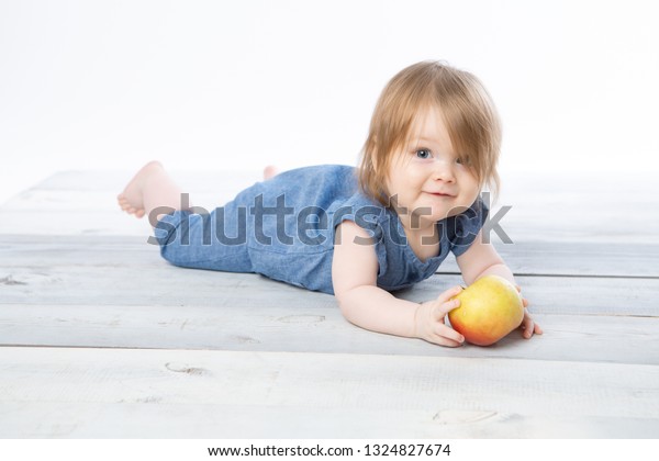 Little Cute Girl Crawling Playing Apple Stock Photo Edit Now