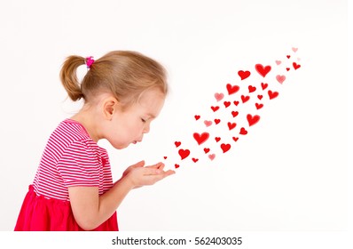 Little Cute Girl A Good 4 Years, Send A Kiss - Drawn Hearts. Love, Valentine's Day Concept