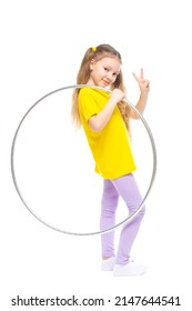 Little Cute Girl With Hula Hoop. Isolated On White Background