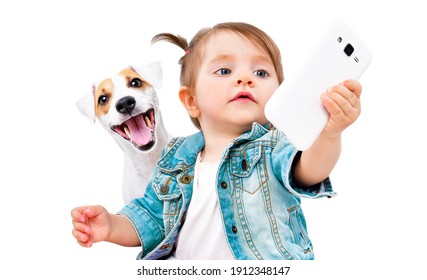 Little Cute Girl Makes Selfie With  Dog Jack Russell Terrier On Phone Isolated On White Background