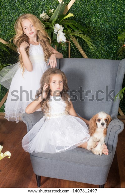 Little Cute Girls Blond Hair White Stock Photo Edit Now 1407612497