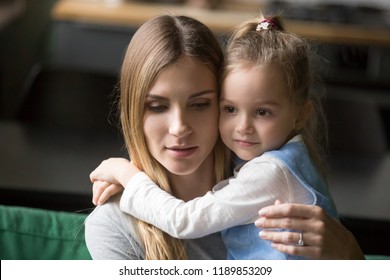 Little Cute Preschool Girl Embracing Tired, Upset Mother, Single Mum With Daughter, Support, Compassion, Care, Help, Say Sorry, Good Relationships Of Mum And Child, Motherhood