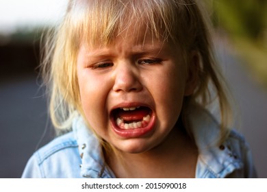 Little Cute Pretty Blonde Infant Girl 3 Years Old Is Crying In A Summer Park. Abandoned Emotional Upset Kid. Parenting, Child Psychology. A Neglected Baby. Real Emotions, Screaming, Sadness. Teething.