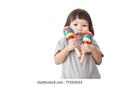 Little Cute Toddler Asian Girl Playing The Maracas, Preschool Play Group Isolated On White Background.