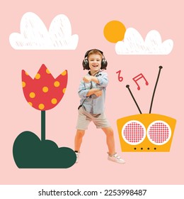 Little dancer. Happy smiling boy, kid dancing. Creative collage, artwork with drawings, doodles and illustration elements. Happy time, music, happiness, joyful childhood concept